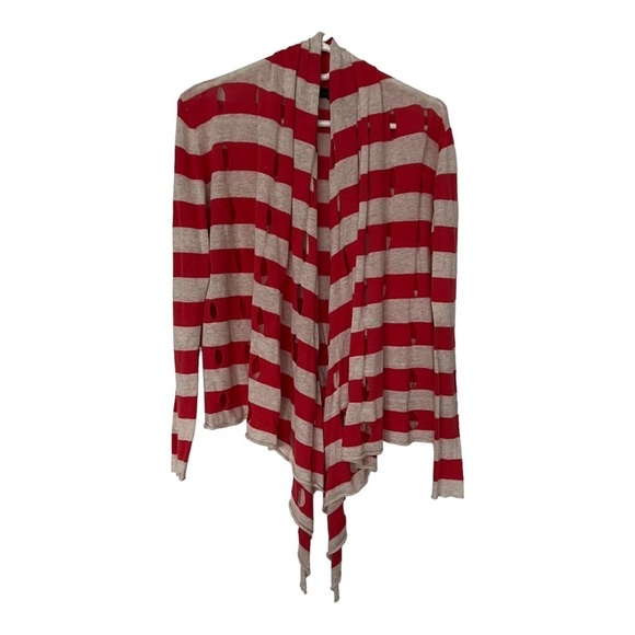 Jealous Tomato Cardigan Sweater Open Front Distressed‎ Striped Coral Cream Sz S - Picture 1 of 5